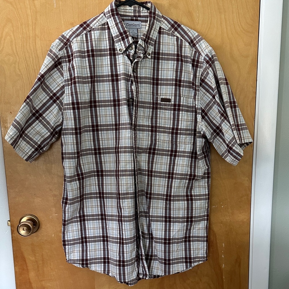 Carhartt Men's Cream and Brown Plaid Button Down Shirt - Previously worn